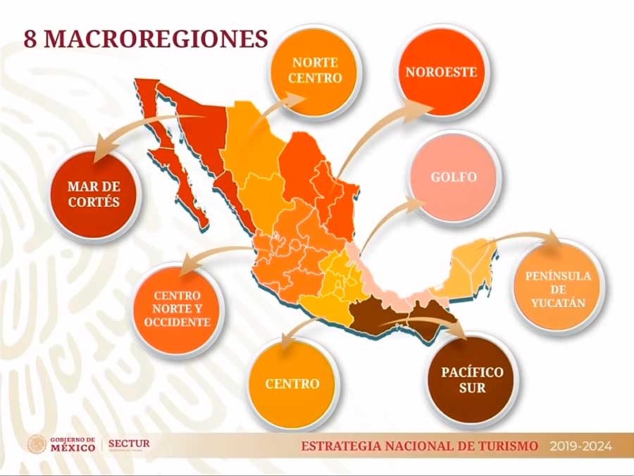 Nuevas Regiones Turísticas de México
- Mar de cortes
- Norte centro
- Noroeste
- Golfo
- Centro norte y occidente
- Centro
- Pacífico sur.
- Península de Yucatán