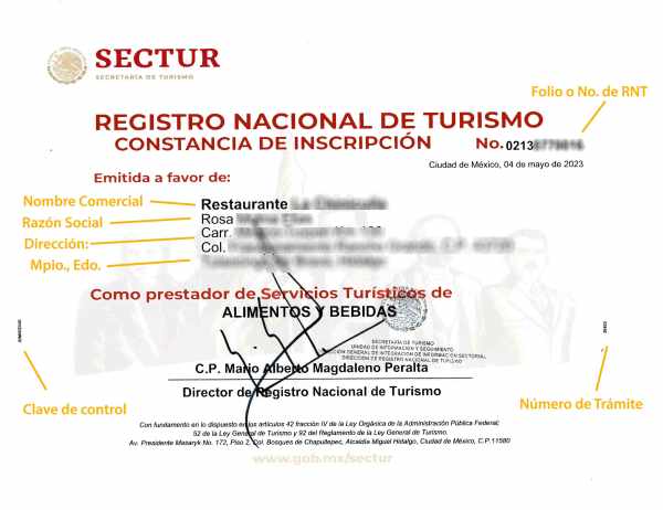 Características del RNT:
Número de RNT o folio (Parte superior derecha)
Nombre comercial
Razón Social
Dirección completa
Clave de control (a la izquierda)
Número de trámite (a la derecha)